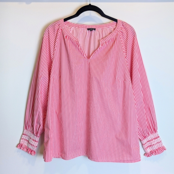 Talbots Pink White Striped Smocked Long Sleeve Shirt Size Medium Petite - Picture 1 of 5